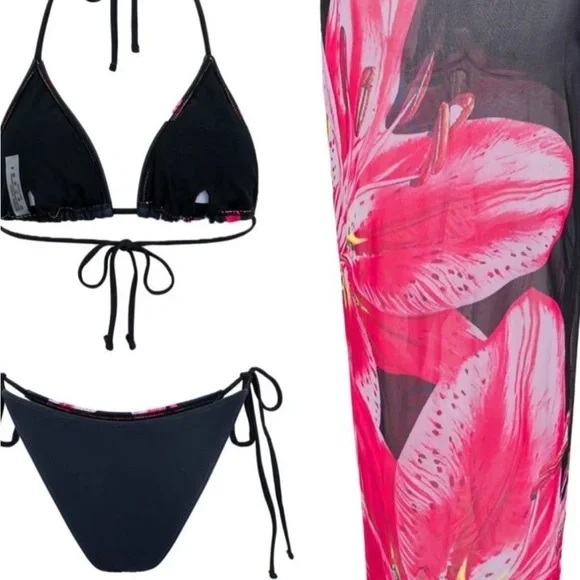 Floral Pink and Black Bikini Set - Picture 2 of 7